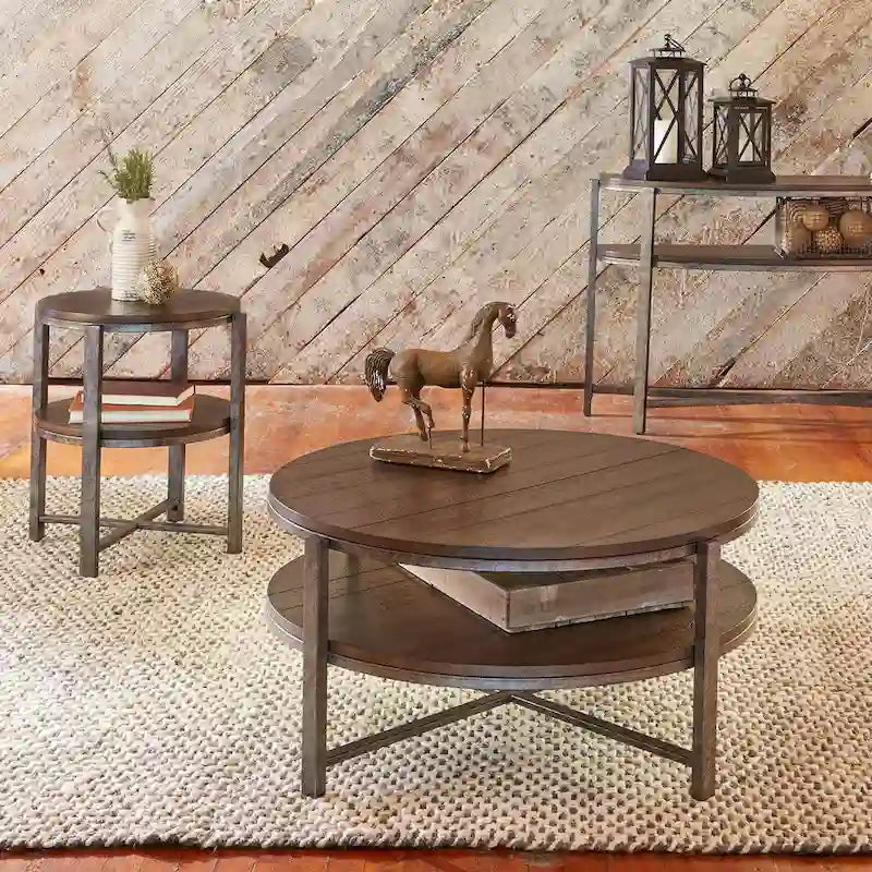 Table d'appoint ronde en peuplier rustique et métal étain