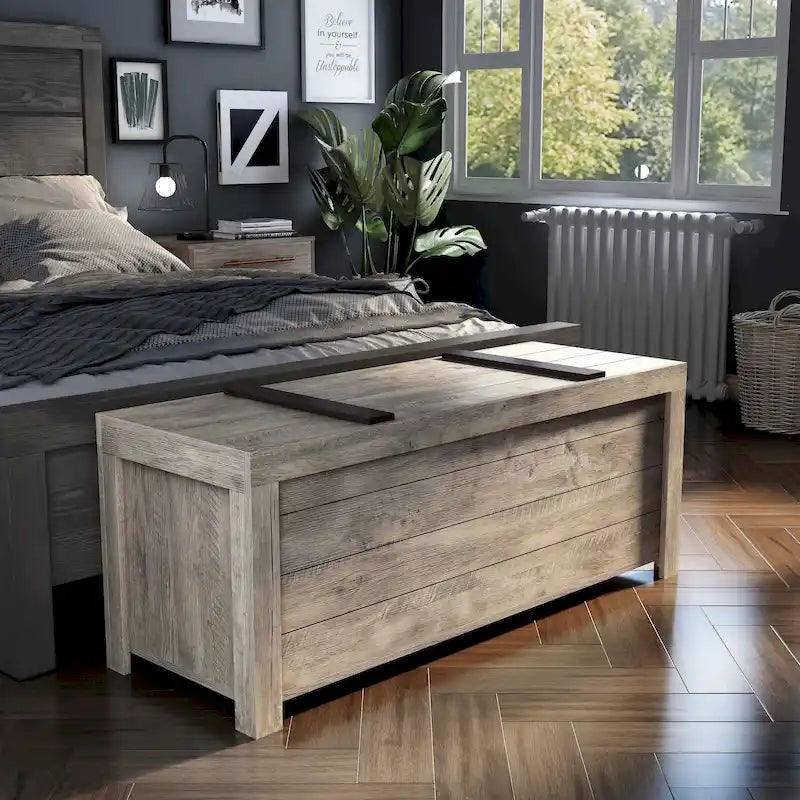 Banc de rangement rustique en chêne vieilli