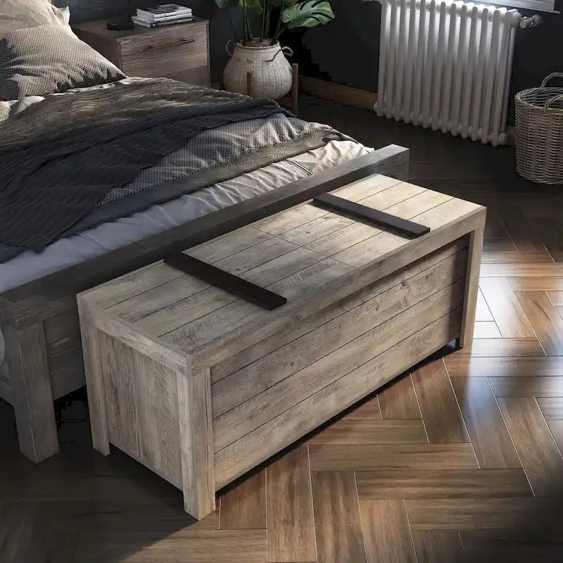 Banc de rangement rustique en chêne vieilli