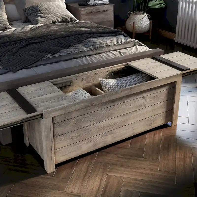 Banc de rangement rustique en chêne vieilli