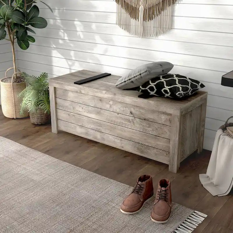Banc de rangement rustique en chêne vieilli