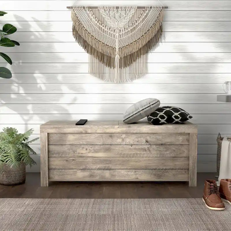 Banc de rangement rustique en chêne vieilli