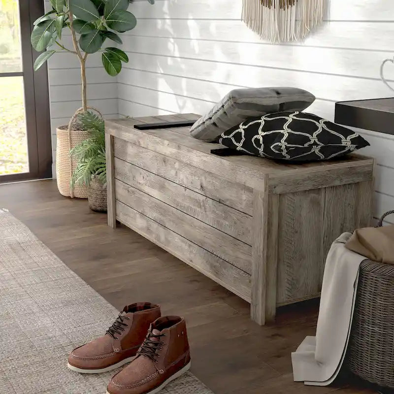 Banc de rangement rustique en chêne vieilli