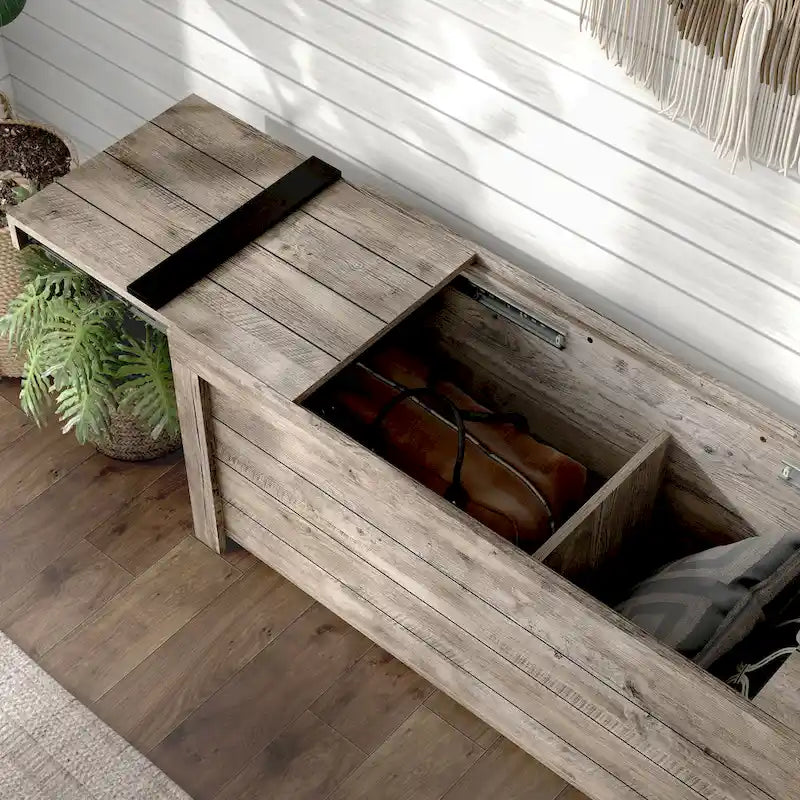 Banc de rangement rustique en chêne vieilli