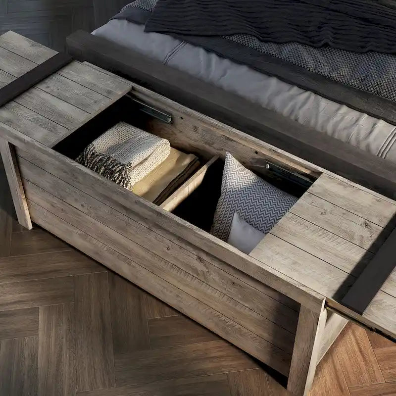 Banc de rangement rustique en chêne vieilli