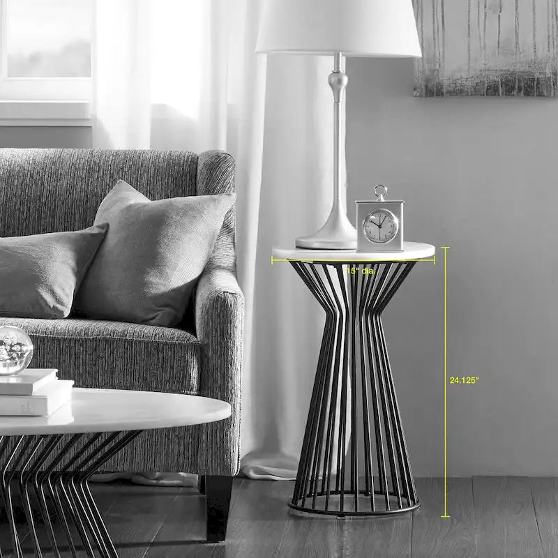 Table d'appoint à piédestal avec plateau en marbre blanc et base en métal noir