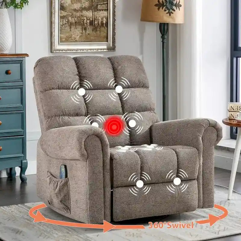 Fauteuil inclinable, pivotant et berçant surdimensionné avec 4 zones de massage