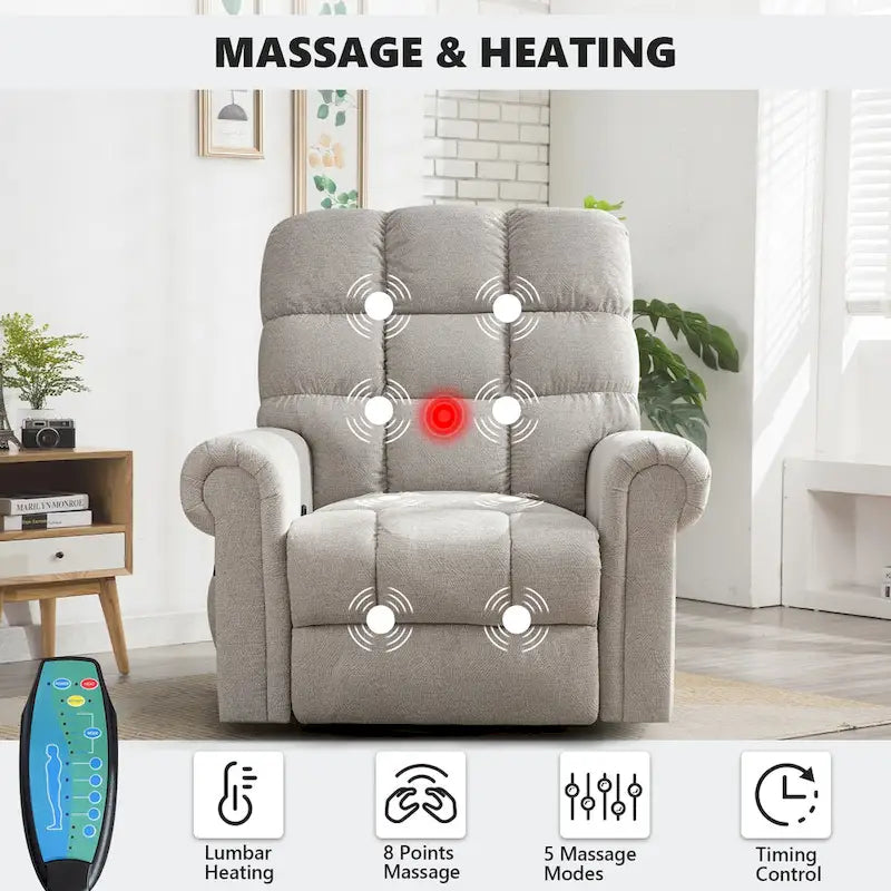 Fauteuil inclinable, pivotant et berçant surdimensionné avec 4 zones de massage