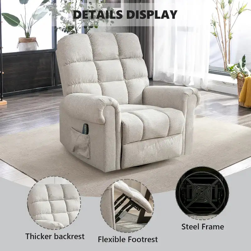 Fauteuil inclinable, pivotant et berçant surdimensionné avec 4 zones de massage