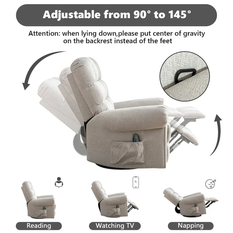 Fauteuil inclinable, pivotant et berçant surdimensionné avec 4 zones de massage