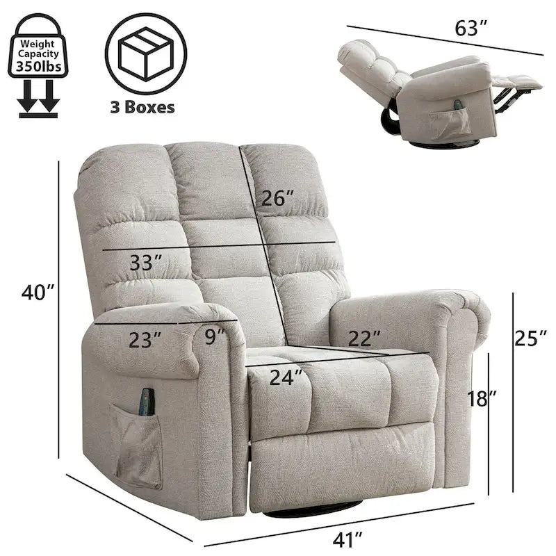 Fauteuil inclinable, pivotant et berçant surdimensionné avec 4 zones de massage
