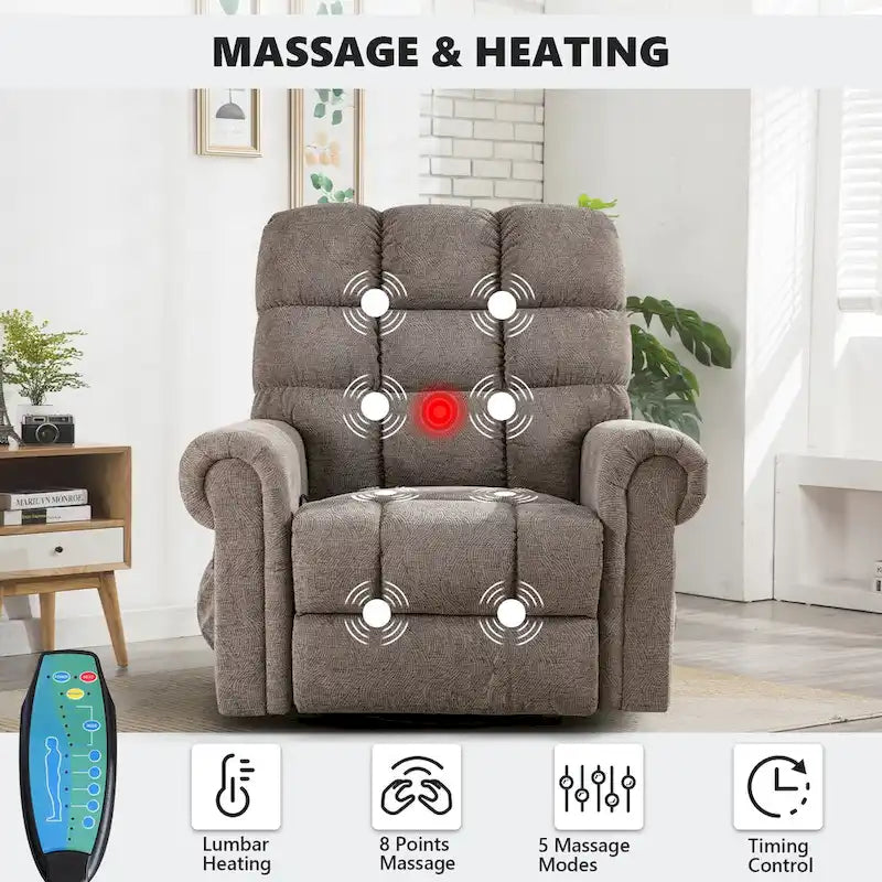 Fauteuil inclinable, pivotant et berçant surdimensionné avec 4 zones de massage