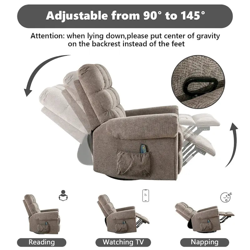 Fauteuil inclinable, pivotant et berçant surdimensionné avec 4 zones de massage