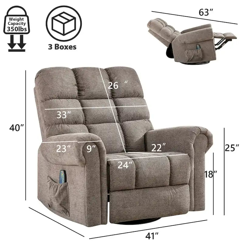 Fauteuil inclinable, pivotant et berçant surdimensionné avec 4 zones de massage