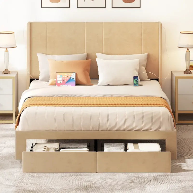 Cadre de lit plateforme grand lit avec tiroirs de rangement, tête de lit capitonnée et 4 ports USB