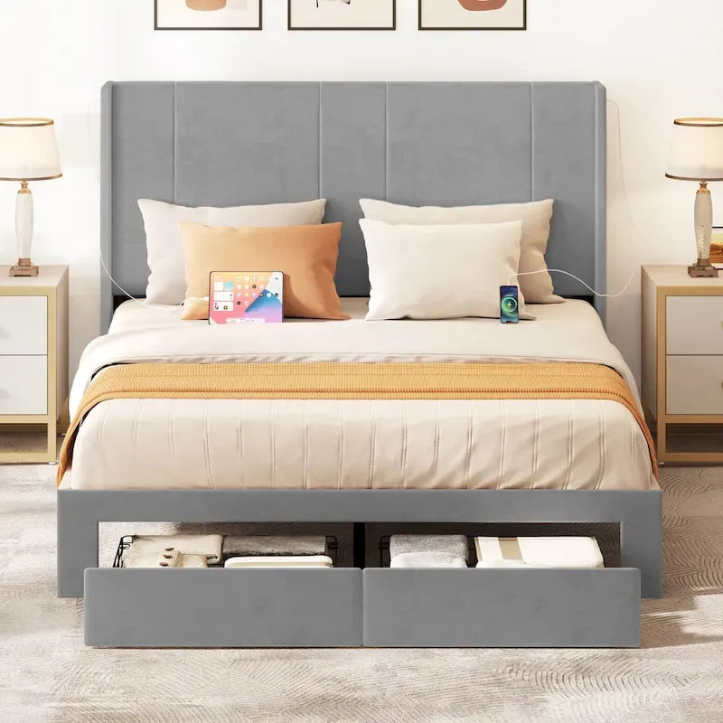 Cadre de lit plateforme grand lit avec tiroirs de rangement, tête de lit capitonnée et 4 ports USB