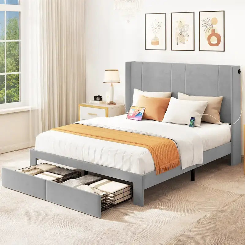 Cadre de lit plateforme grand lit avec tiroirs de rangement, tête de lit capitonnée et 4 ports USB