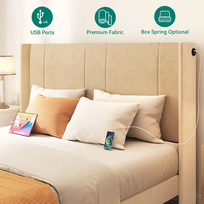 Cadre de lit plateforme grand lit avec tiroirs de rangement, tête de lit capitonnée et 4 ports USB