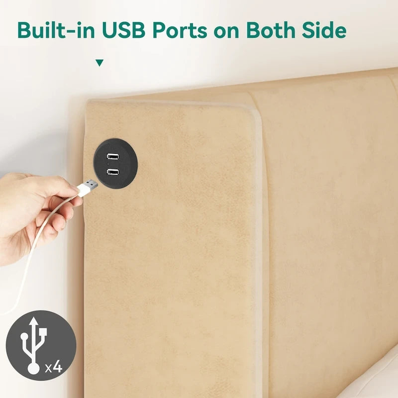 Cadre de lit plateforme grand lit avec tiroirs de rangement, tête de lit capitonnée et 4 ports USB