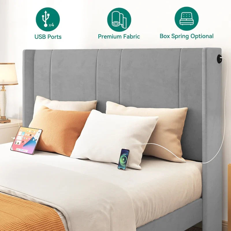 Cadre de lit plateforme grand lit avec tiroirs de rangement, tête de lit capitonnée et 4 ports USB