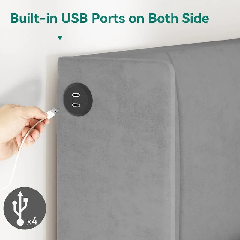Cadre de lit plateforme grand lit avec tiroirs de rangement, tête de lit capitonnée et 4 ports USB