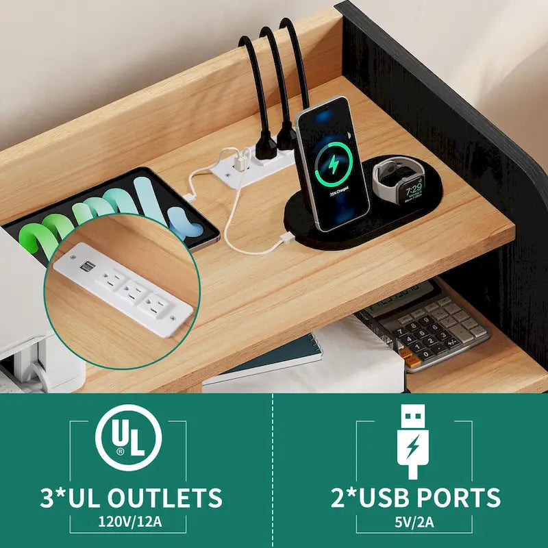 Meuble de classement roulant à 2 tiroirs avec support d'imprimante et ports de charge