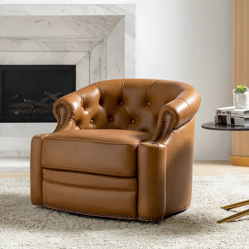 Fauteuil pivotant moderne en cuir véritable avec dossier capitonné