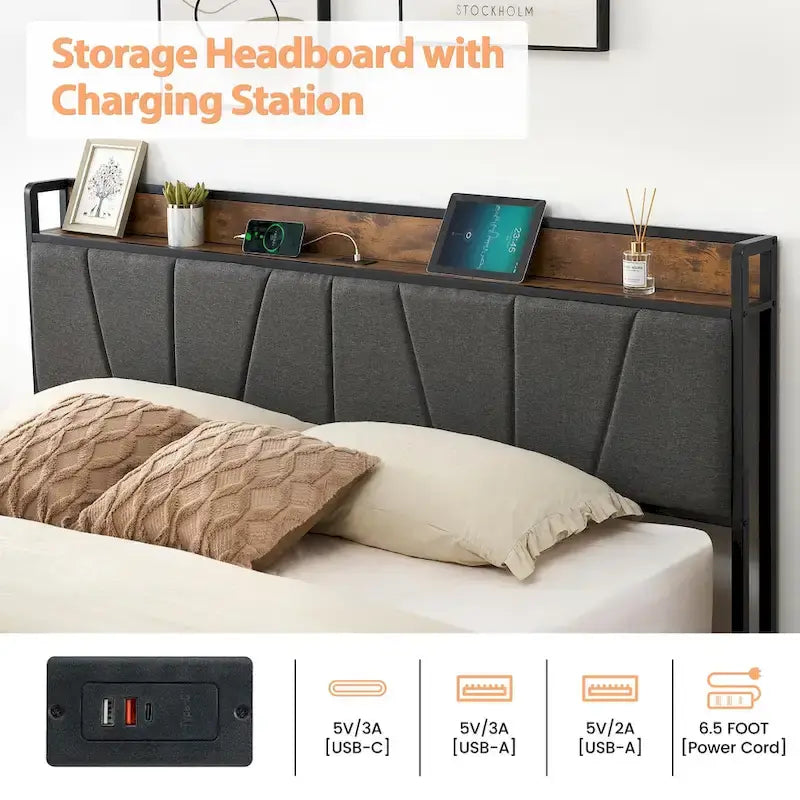 Cadre de lit plateforme rembourré avec tête de lit de rangement et station de recharge