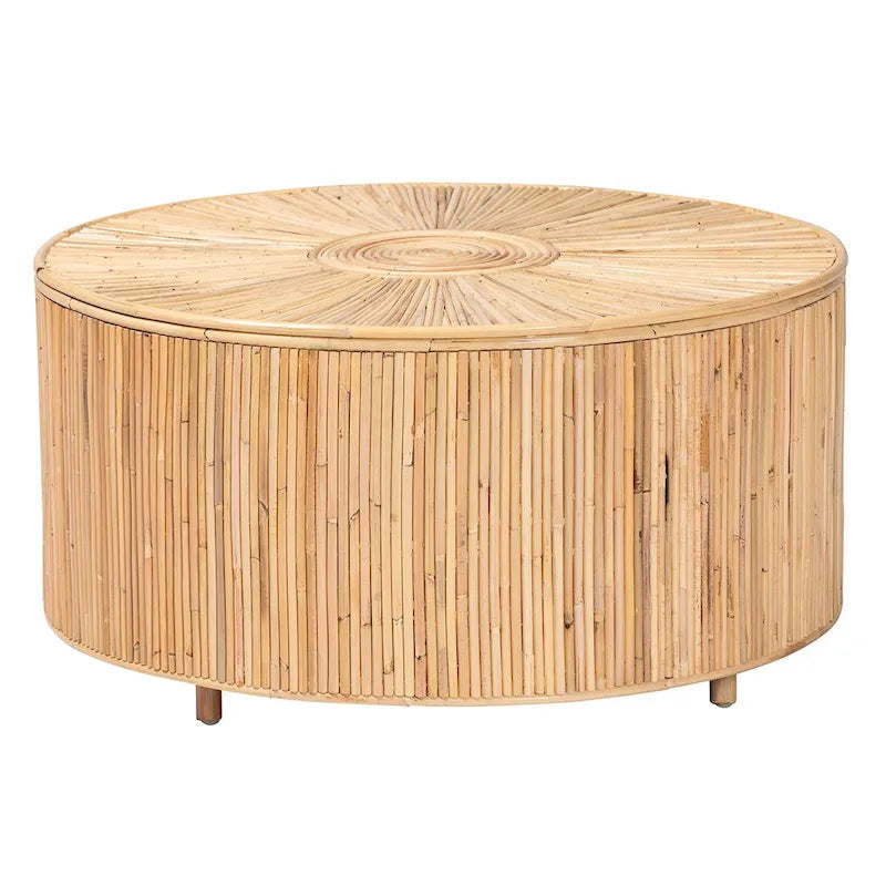 Table basse bohème ronde en rotin | Miel clair, entièrement assemblée
