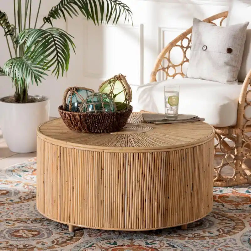 Table basse bohème ronde en rotin | Miel clair, entièrement assemblée