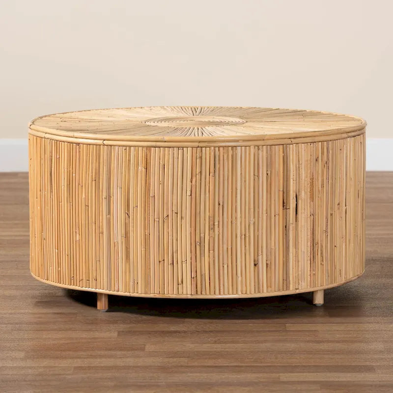 Table basse bohème ronde en rotin | Miel clair, entièrement assemblée