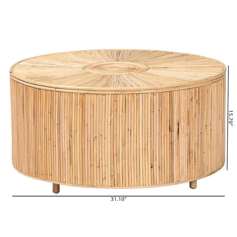 Table basse bohème ronde en rotin | Miel clair, entièrement assemblée