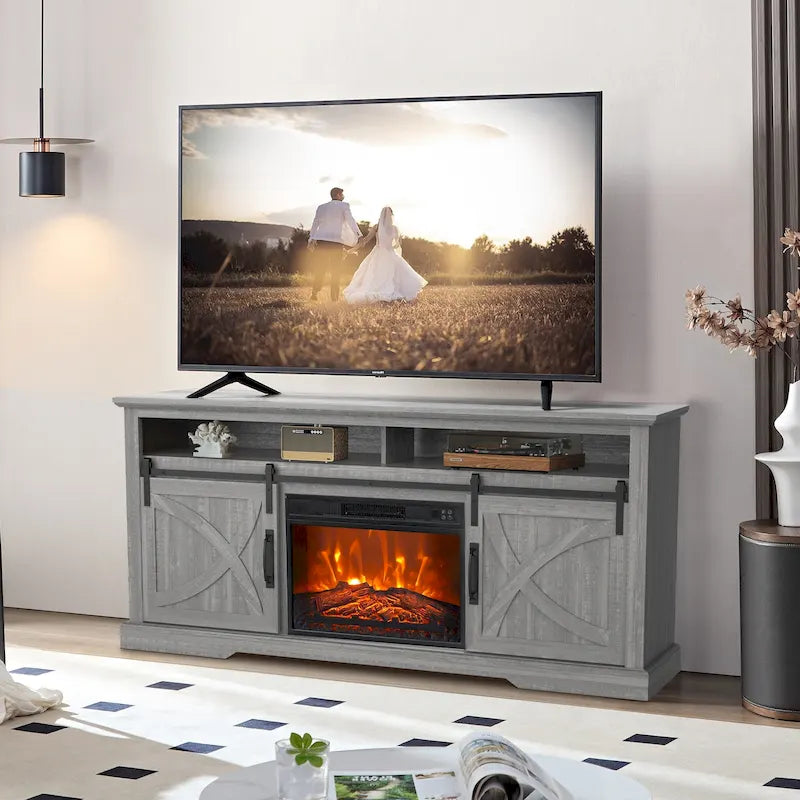 Meuble TV de 68 po style ferme avec foyer électrique de 23 po et portes coulissantes de type grange