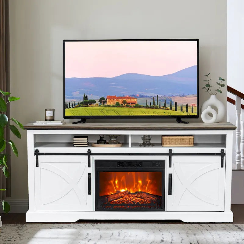 Meuble TV de 68 po style ferme avec foyer électrique de 23 po et portes coulissantes de type grange