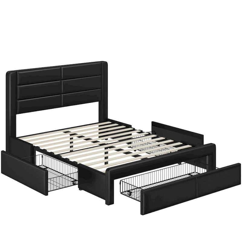 Cadre de lit plateforme tapissé avec 4 tiroirs de rangement et ports USB intégrés
