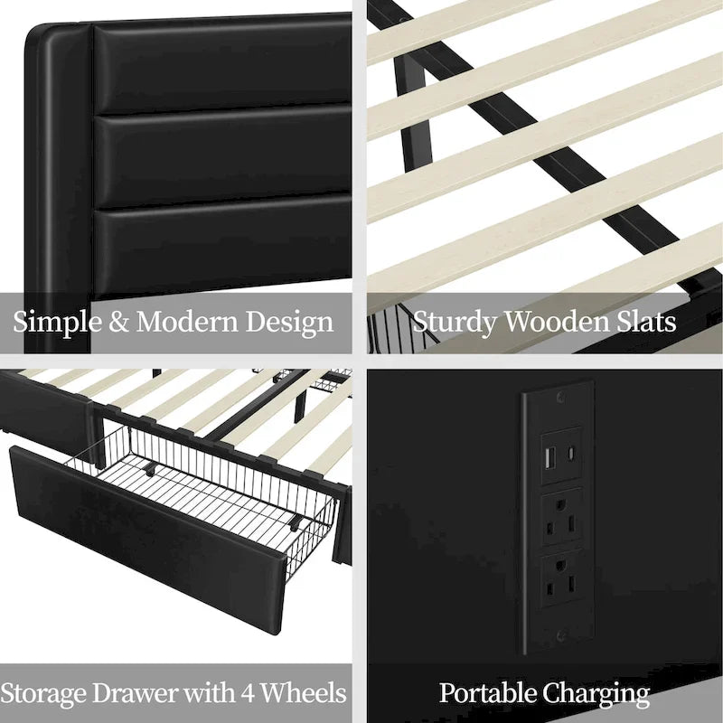 Cadre de lit plateforme tapissé avec 4 tiroirs de rangement et ports USB intégrés