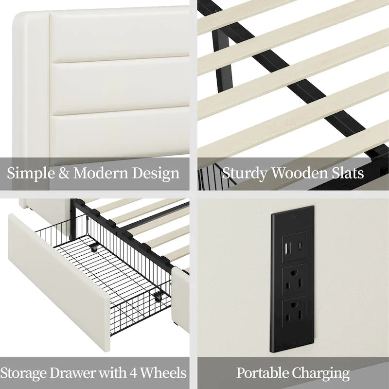 Cadre de lit plateforme tapissé avec 4 tiroirs de rangement et ports USB intégrés