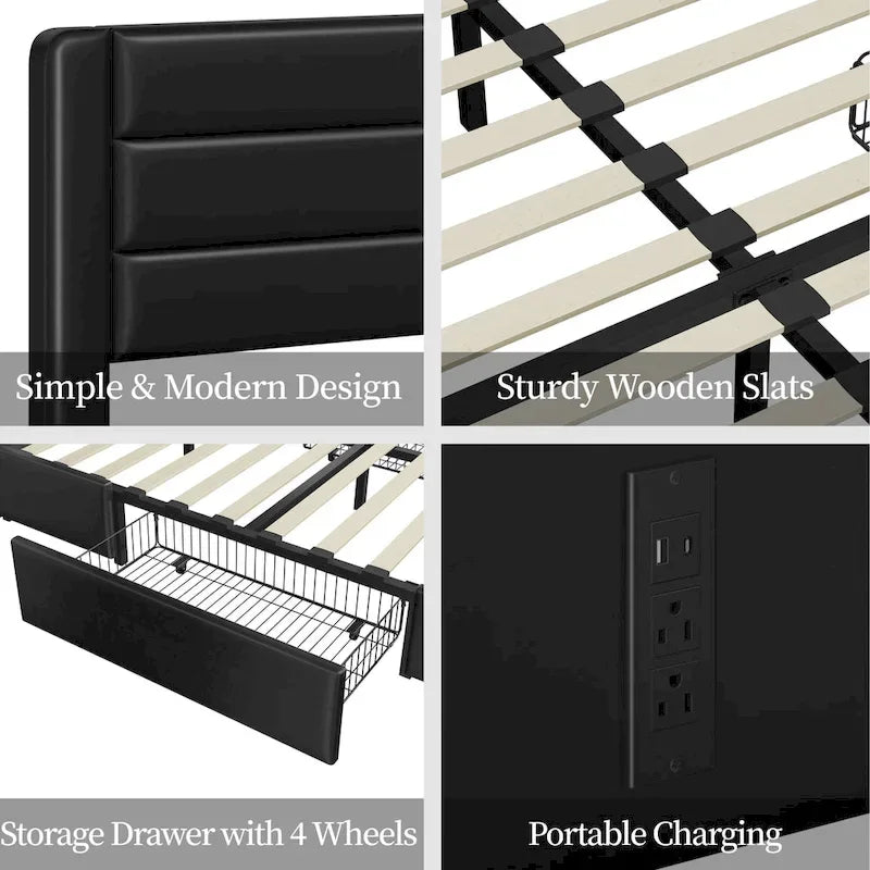 Cadre de lit plateforme tapissé avec 4 tiroirs de rangement et ports USB intégrés