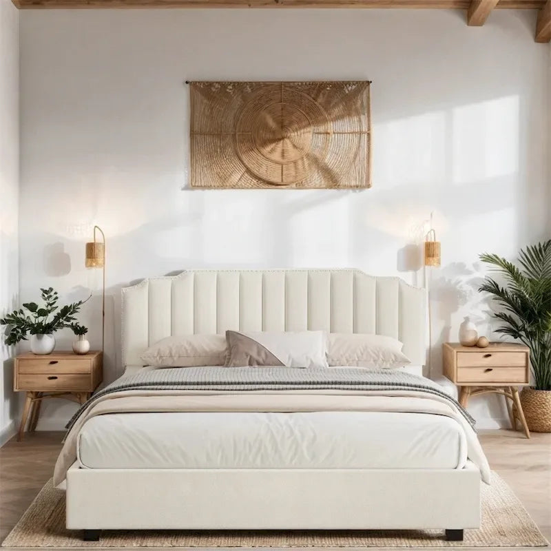 Lit plateforme relevable en velours et bois de taille Queen avec rangement
