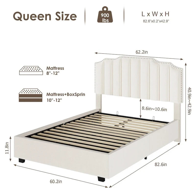 Lit plateforme relevable en velours et bois de taille Queen avec rangement