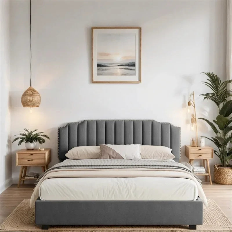 Lit plateforme relevable en velours et bois de taille Queen avec rangement