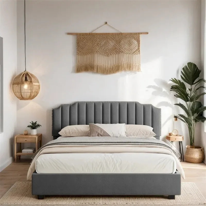 Lit plateforme relevable en velours et bois de taille Queen avec rangement