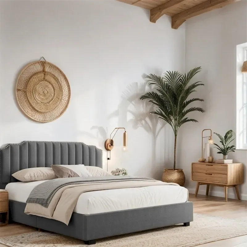 Lit plateforme relevable en velours et bois de taille Queen avec rangement