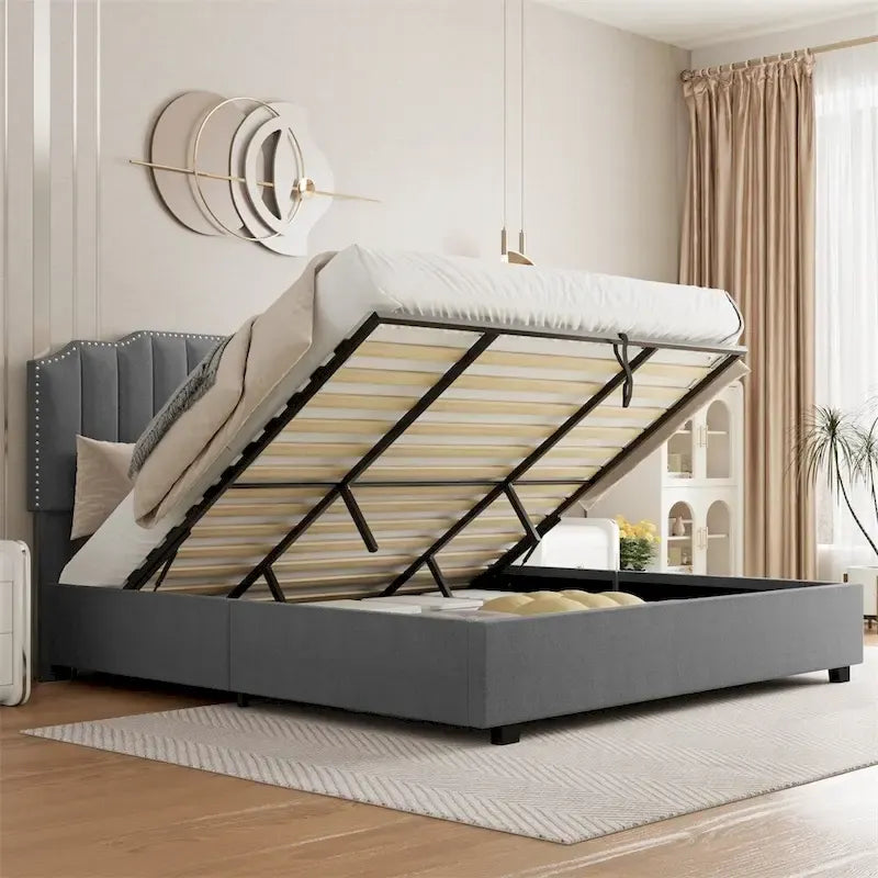 Lit plateforme relevable en velours et bois de taille Queen avec rangement