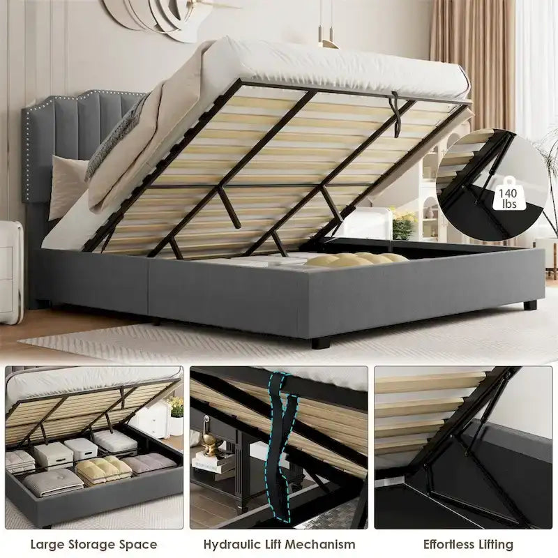 Lit plateforme relevable en velours et bois de taille Queen avec rangement