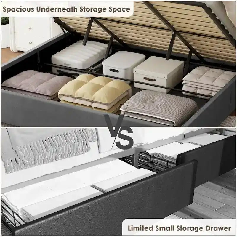 Lit plateforme relevable en velours et bois de taille Queen avec rangement