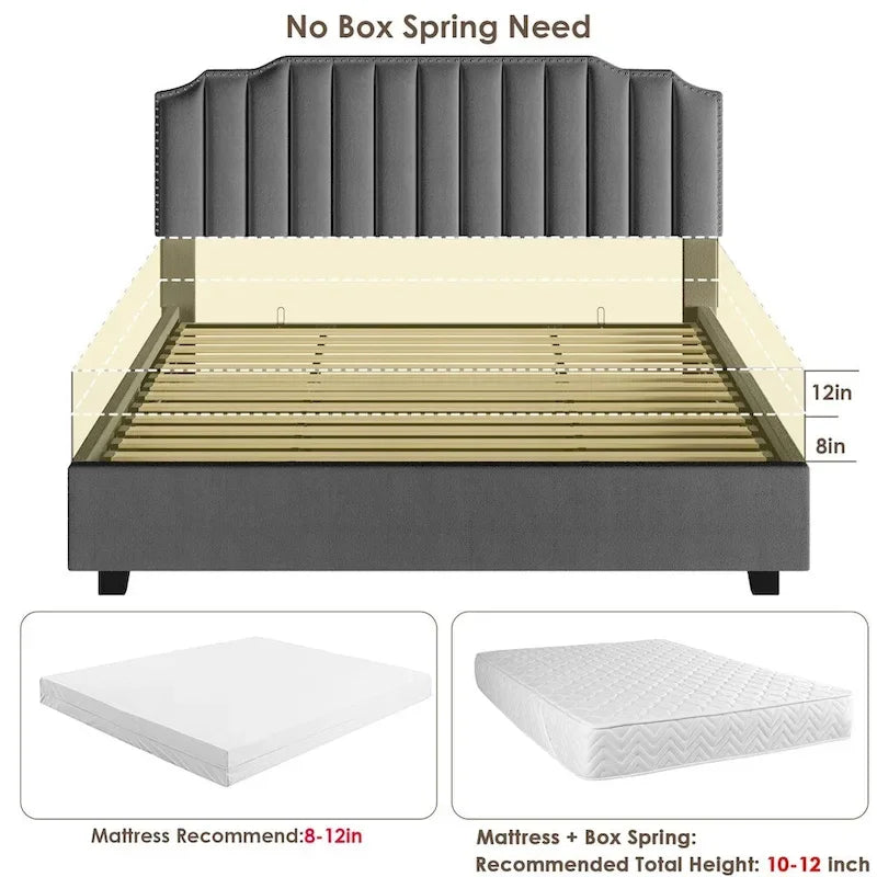 Lit plateforme relevable en velours et bois de taille Queen avec rangement