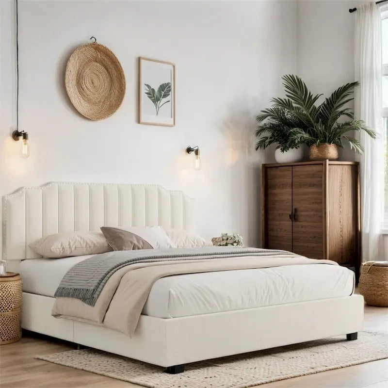 Lit plateforme relevable en velours et bois de taille Queen avec rangement