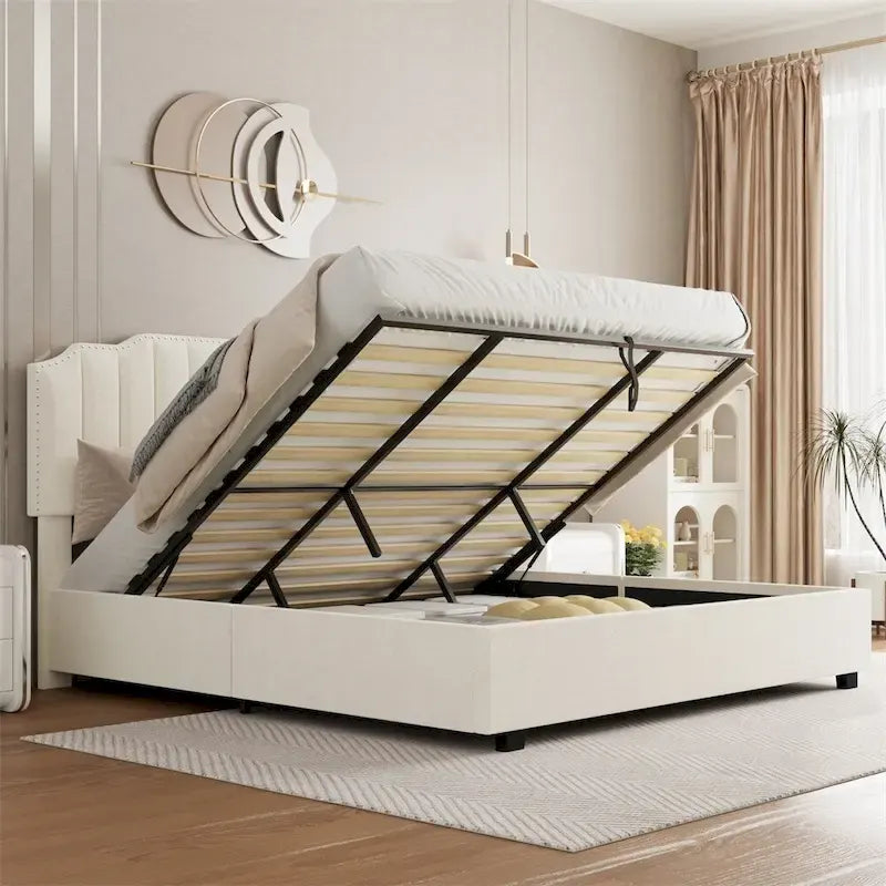 Lit plateforme relevable en velours et bois de taille Queen avec rangement