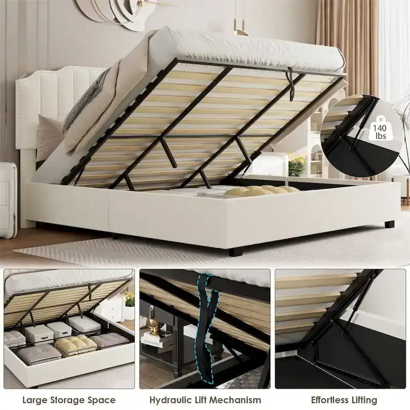 Lit plateforme relevable en velours et bois de taille Queen avec rangement